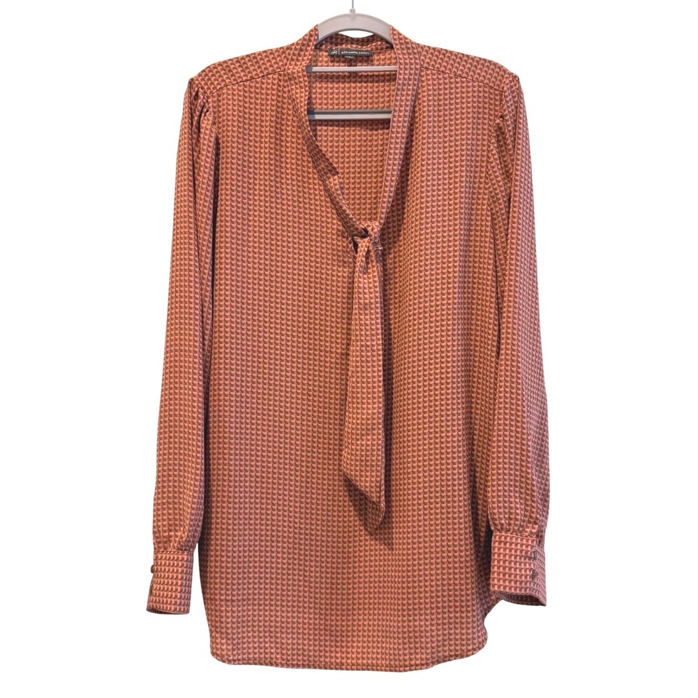 Adrianna Papell Womens Tie Neck Geometric Blouse‎ Terracotta Pink Womens Large